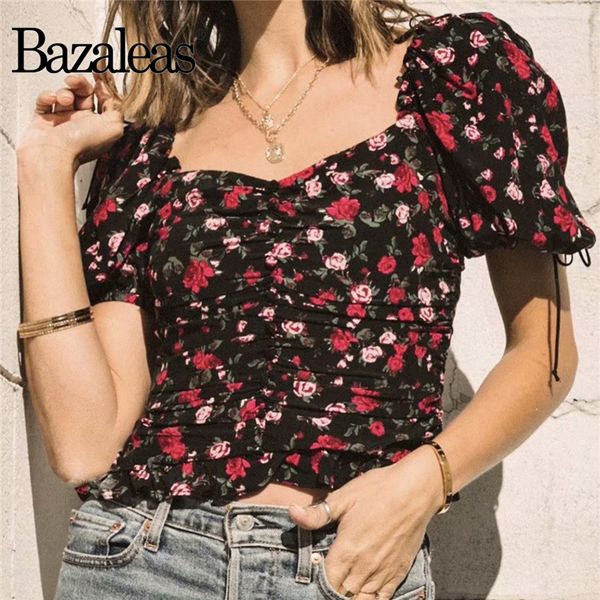 bazaleas chic red floral print female crop shirt vintage short puff sleeve blouse retro center drawstring blusas, White
bazaleas chic red floral print female crop shirt vintage short puff sleeve blouse retro center drawstring blusas, White