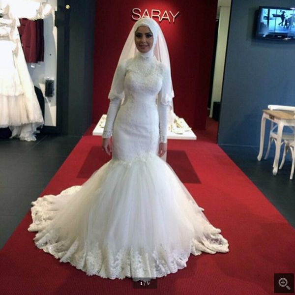 robe de soiree white lace appliques mermaid muslim wedding dress modest long sleeve with high neckline vintage wedding gowns
robe de soiree white lace appliques mermaid muslim wedding dress modest long sleeve with high neckline vintage wedding gowns