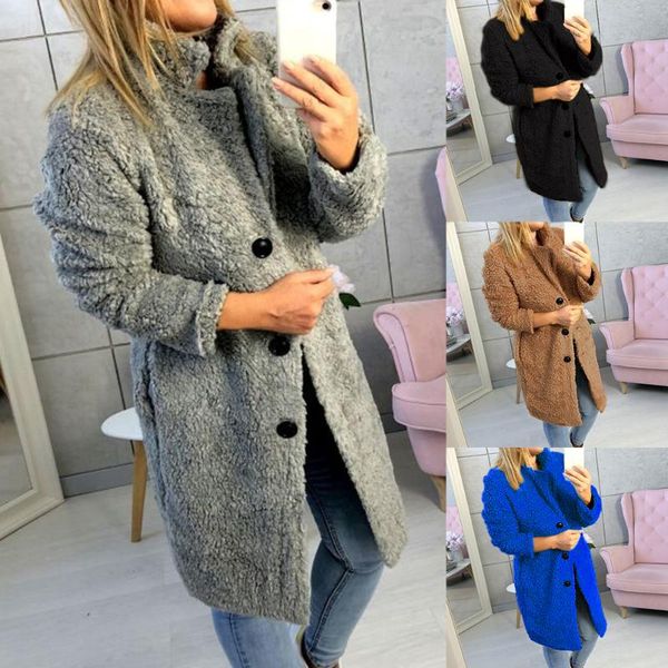 women's plush coat autumn winter women button jacket casual warm turndown collar fur outwear mid-length woolen jackets, Black
women's plush coat autumn winter women button jacket casual warm turndown collar fur outwear mid-length woolen jackets, Black