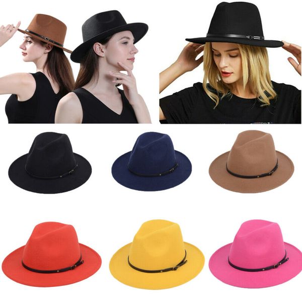 england style women men fedoras retro felt belt buckle fedora hats wide brim outback hat panama cowboy hats solid color, Blue;gray
england style women men fedoras retro felt belt buckle fedora hats wide brim outback hat panama cowboy hats solid color, Blue;gray