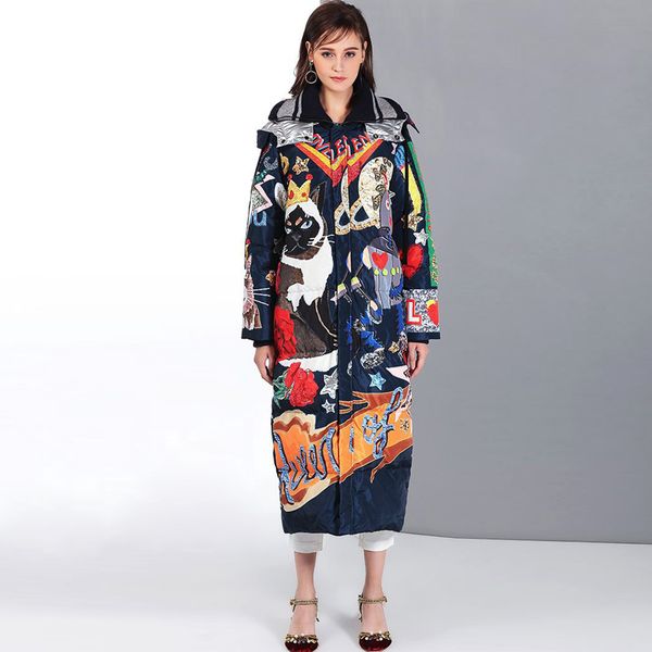 women's winter runway coats hooded collar cartoons printed elegant white duck down long warm overcoat outerwear, Black
women's winter runway coats hooded collar cartoons printed elegant white duck down long warm overcoat outerwear, Black