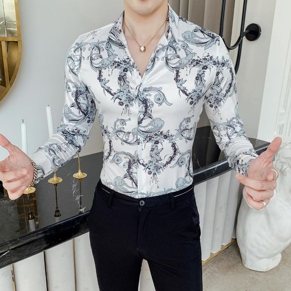 men white shirt casual long sleeve 2019 flower print social shirt slim fit tuxedo for male dress shirts, White;black
men white shirt casual long sleeve 2019 flower print social shirt slim fit tuxedo for male dress shirts, White;black