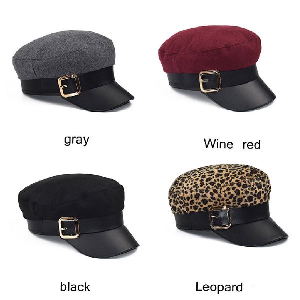 winter leopard women's hat metal buckle woolen octagonal cap pu leather military beret hats adjustable fashion women's cap, Blue;gray
winter leopard women's hat metal buckle woolen octagonal cap pu leather military beret hats adjustable fashion women's cap, Blue;gray