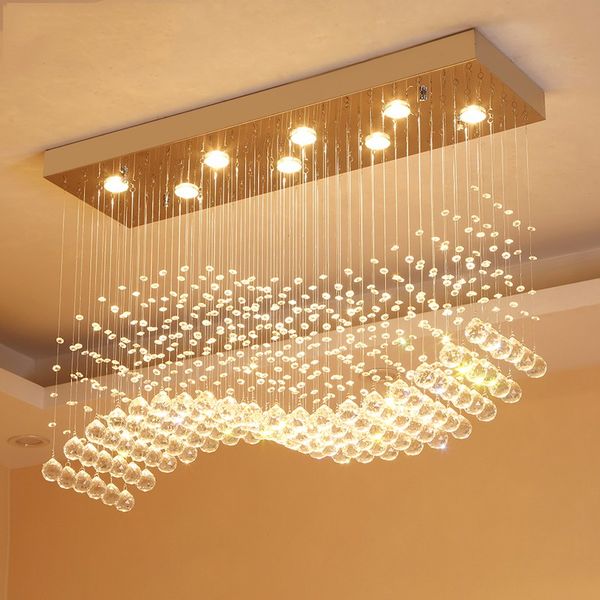 Crystal Rectangle Chandelier Rain Drop Crystal Ceiling Light Fixture Wave Flush Mount For Dining Room Wedding Centerpieces