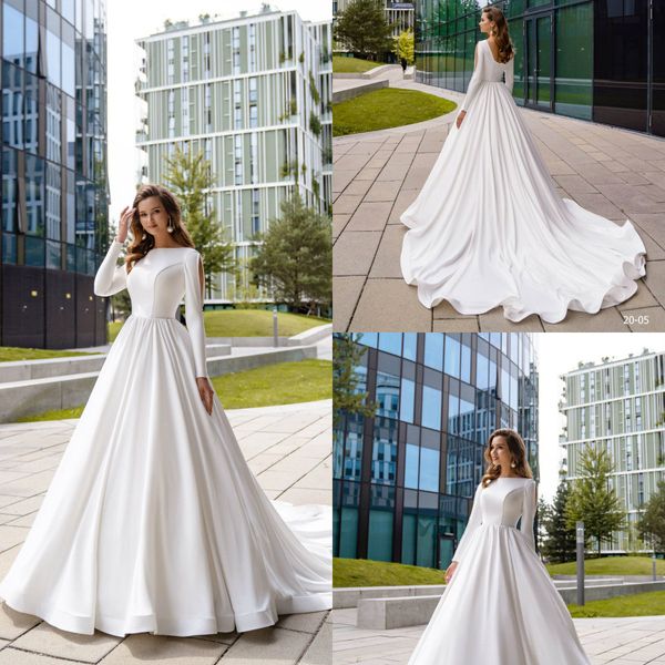 elegant a line satin wedding dresses jewel neck long sleeve robe de mariee sweep train boho beach wedding dress bridal gowns, White
elegant a line satin wedding dresses jewel neck long sleeve robe de mariee sweep train boho beach wedding dress bridal gowns, White