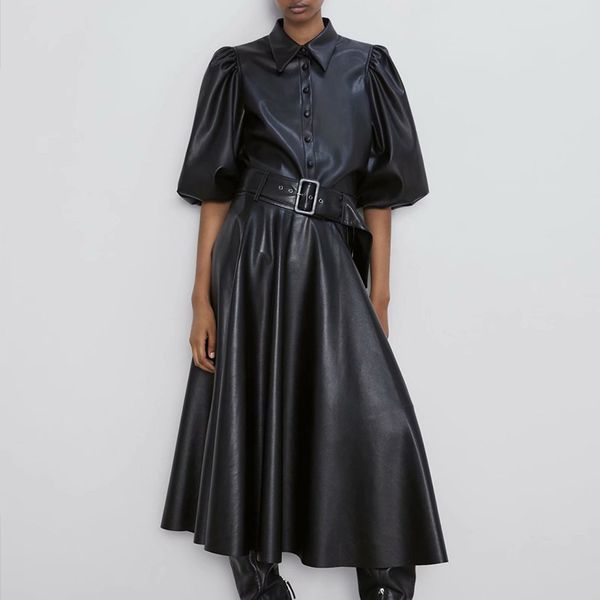 искусственной кожи высокая талия женщины юбка осень 2019 пояса пол-длина линии юбки женский черный повседневный моды диких дамы днища, Black