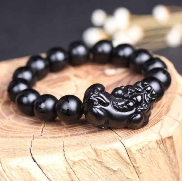 

2019 wholesale luck buddha six word 10mm 12mm 14mm natural black beads sand gold pixiu charm beaded bracelet for men bracelet gift, Golden;silver