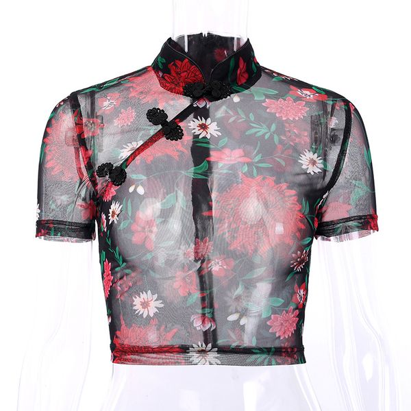 women's net yarn & club perspective mandarin collar print buckle flower regular short sleeve women summer, White
women's net yarn & club perspective mandarin collar print buckle flower regular short sleeve women summer, White