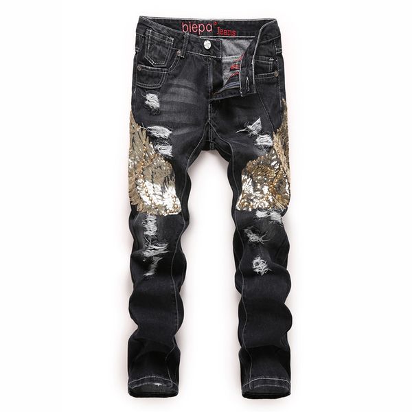 2019 fashion designer mens slim straight patch torn denim pants golden eagle wing sequins patchwork black ripped jeans for men, Blue
2019 fashion designer mens slim straight patch torn denim pants golden eagle wing sequins patchwork black ripped jeans for men, Blue