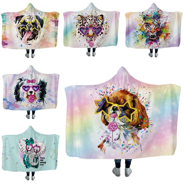 

fashion watercolor graffiti painting animal hoodie blanket for kids christmas gift warm plush fleece hooded blanket cloak