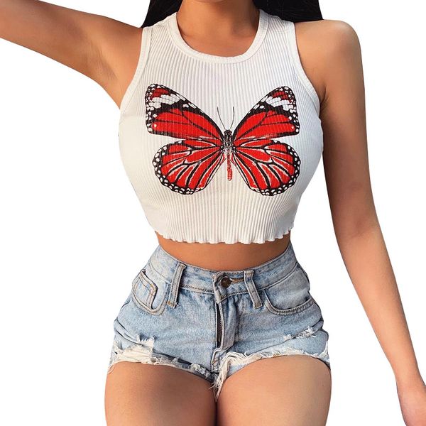 women butterfly print crop sleeveless round neck sport vest summer slim undershirt casual tees fitness sportswear, White;red
women butterfly print crop sleeveless round neck sport vest summer slim undershirt casual tees fitness sportswear, White;red