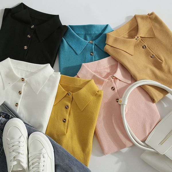 20 season all-match polo collar solid color knitted short sleeve shirt loose slim knitted shirt female, White
20 season all-match polo collar solid color knitted short sleeve shirt loose slim knitted shirt female, White