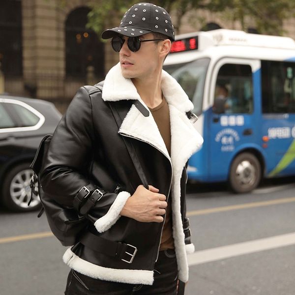 winter mens wool lining warm pu leather jacket fashion flying jacket buckle slim fit man motorcycle faux leather shearling coats, Black
winter mens wool lining warm pu leather jacket fashion flying jacket buckle slim fit man motorcycle faux leather shearling coats, Black