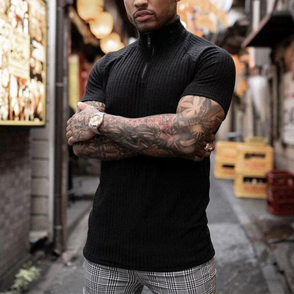 men's shirt summer clothes casual slim gym tight shirt short sleeve fitness zipper breathable solid male new 2020, White;black 
men's shirt summer clothes casual slim gym tight shirt short sleeve fitness zipper breathable solid male new 2020, White;black
