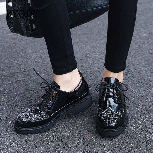 

byqdy autumn women derbies shoes british patent leather round toe oxfords flats dress ladies lace-up creepers thick bottom shoes, Black