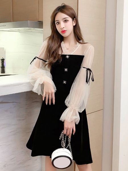 2020 autumn new french gentle wind temperament goddess fan mesh stitching lantern sleeves slim-fit a- line dress, White;black
2020 autumn new french gentle wind temperament goddess fan mesh stitching lantern sleeves slim-fit a- line dress, White;black