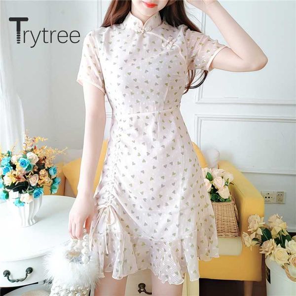 trytree 2020 summer woman casual dress stand collar print ruffles hem drawstring fashion vintage elegant a-line cheongsam dress, Black;gray 
trytree 2020 summer woman casual dress stand collar print ruffles hem drawstring fashion vintage elegant a-line cheongsam dress, Black;gray