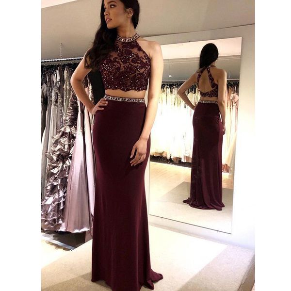 tow piece sheer neck burgundy mermaid prom gowns beaded sequins appliques 2020 evening dresses vestidos formal celebrity gowns, Black
tow piece sheer neck burgundy mermaid prom gowns beaded sequins appliques 2020 evening dresses vestidos formal celebrity gowns, Black