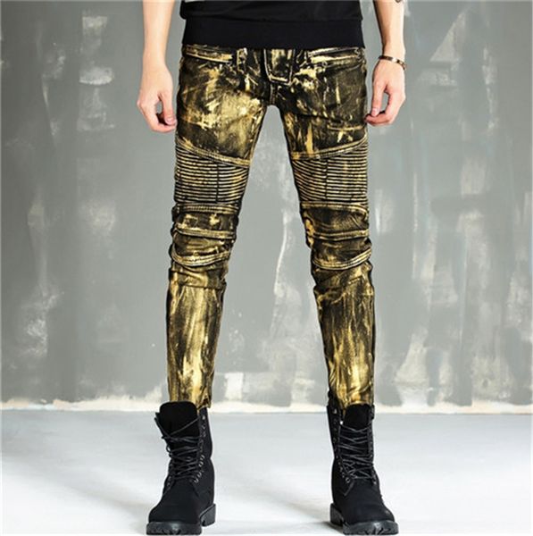 mens designer jeans fashion light metallic luster skinny pencil pants zipper fly vintage hemme coated jeans, Blue
mens designer jeans fashion light metallic luster skinny pencil pants zipper fly vintage hemme coated jeans, Blue