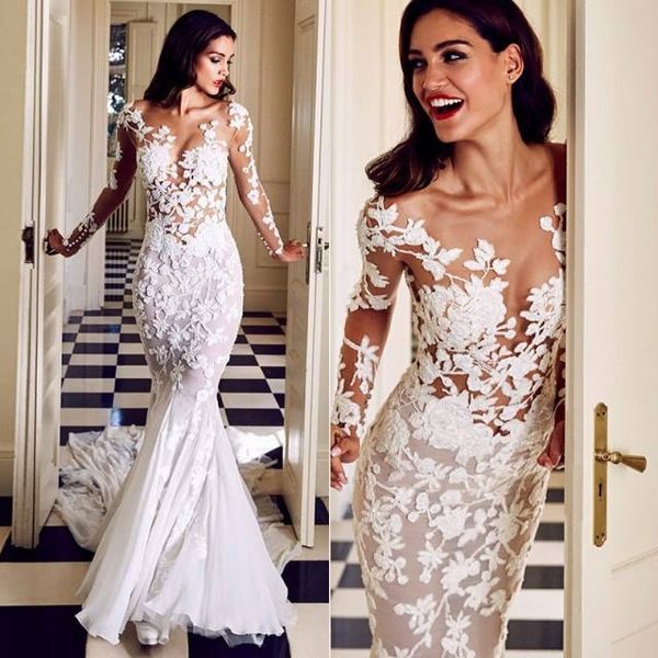 ivory mermaid wedding dresses illusion bodices sheer long sleeves lace appliqued wedding bridal gowns chiffon long sweep train, White
ivory mermaid wedding dresses illusion bodices sheer long sleeves lace appliqued wedding bridal gowns chiffon long sweep train, White
