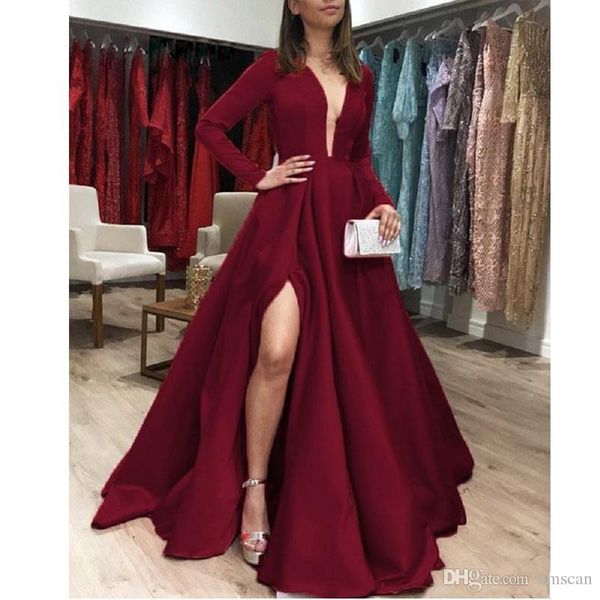 

2019 simple burgundy evening dresses long sleeve a-line satin prom dresses high slit deep v-neck formal dresses party gowns, Black;red