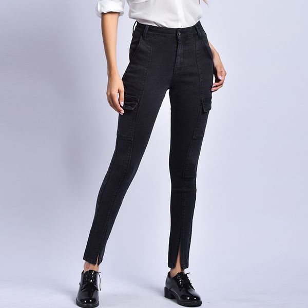 black high waist jeans with side pockets skinny stretch denim cargo pants front slit distressed jeans pantalon noir femme, Blue
black high waist jeans with side pockets skinny stretch denim cargo pants front slit distressed jeans pantalon noir femme, Blue