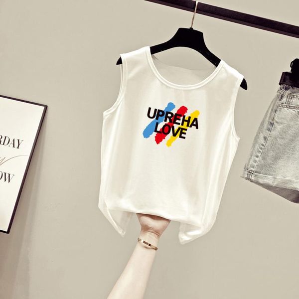 women summer new vest printed loose casual simple sleeveless t-shirt elastic breathable crew neck vest female 2020 wear, White