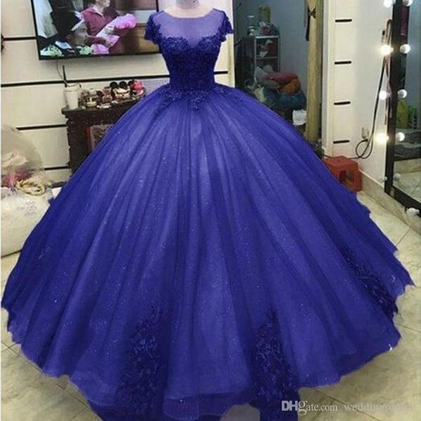 royal blue modest ball gown quinceanera dresses scoop neck capped sleeves appliques prom dresses sweet 16 dresses vestidos de quinceañ, Blue;red 
royal blue modest ball gown quinceanera dresses scoop neck capped sleeves appliques prom dresses sweet 16 dresses vestidos de quinceañ, Blue;red
