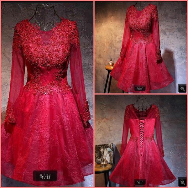 2019 new design wine lace a line short prom dresses long sleeve appliques beaded informal prom gowns sheer back prom dress, Black
2019 new design wine lace a line short prom dresses long sleeve appliques beaded informal prom gowns sheer back prom dress, Black