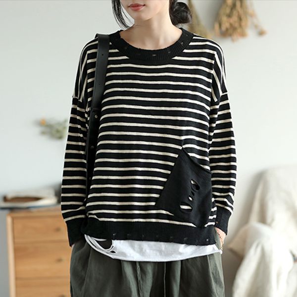 women sweater pullover knit distressed striped pockets outwear big loose oversized fashion casual for spring autumn az66273119, White;black
women sweater pullover knit distressed striped pockets outwear big loose oversized fashion casual for spring autumn az66273119, White;black