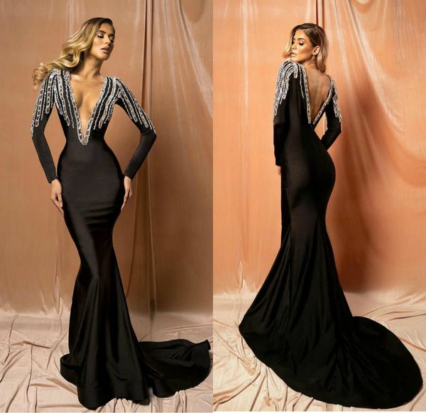 black mermaid evening dresses deep v neck long sleeve prom gowns appliques formal runway fashion party dress, Black;red
black mermaid evening dresses deep v neck long sleeve prom gowns appliques formal runway fashion party dress, Black;red