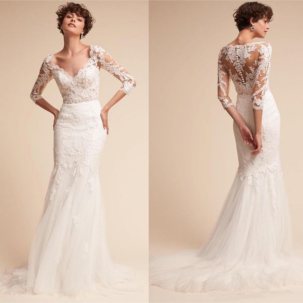 vintage v neck boho wedding dresses 3/4 long sleeves covered buttons mermaid wedding gowns lace bridal dresses custom made, White
vintage v neck boho wedding dresses 3/4 long sleeves covered buttons mermaid wedding gowns lace bridal dresses custom made, White