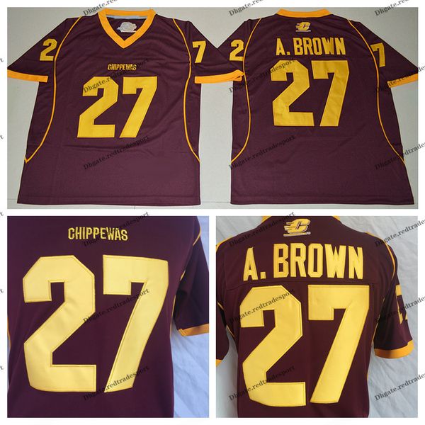 Mens Central Michigan Chippewas Antonio Brown College Football Jerseys Red 27 Antonio Brown University Football Shirts M-xxxl
