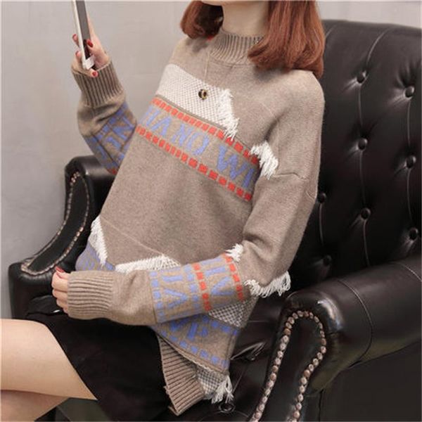new sweater fashion wild loose half-high collar letter clip color tassel knit women's clothing, White;black
new sweater fashion wild loose half-high collar letter clip color tassel knit women's clothing, White;black