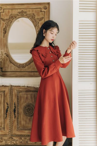 autumn winter on the new wine red girl sweet retro fashion doll collar trim long dress, Black;gray
autumn winter on the new wine red girl sweet retro fashion doll collar trim long dress, Black;gray