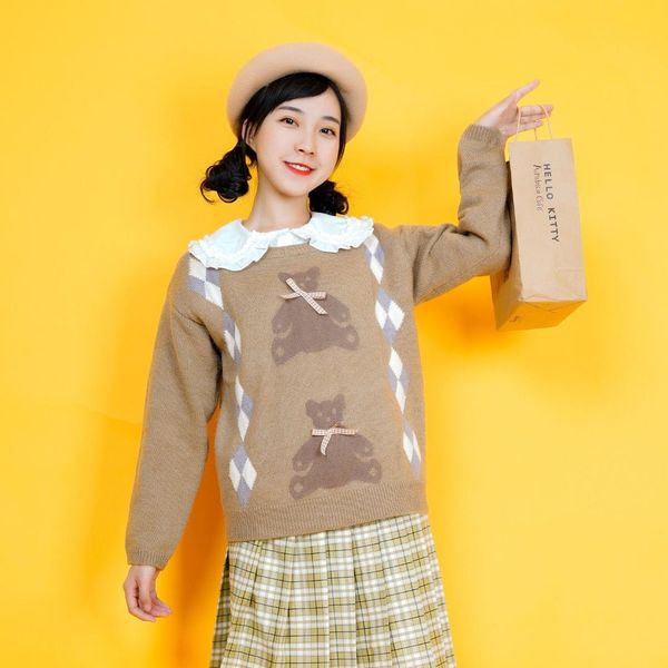 autumn new vintage japan style women pullover loose pullover round neck long sleeve cute bear knot patch brown knit sweater high, White;black
autumn new vintage japan style women pullover loose pullover round neck long sleeve cute bear knot patch brown knit sweater high, White;black