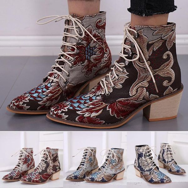 retro women square heels cloth embroidery boots lace-up boots pointed toe shoes, Black
retro women square heels cloth embroidery boots lace-up boots pointed toe shoes, Black