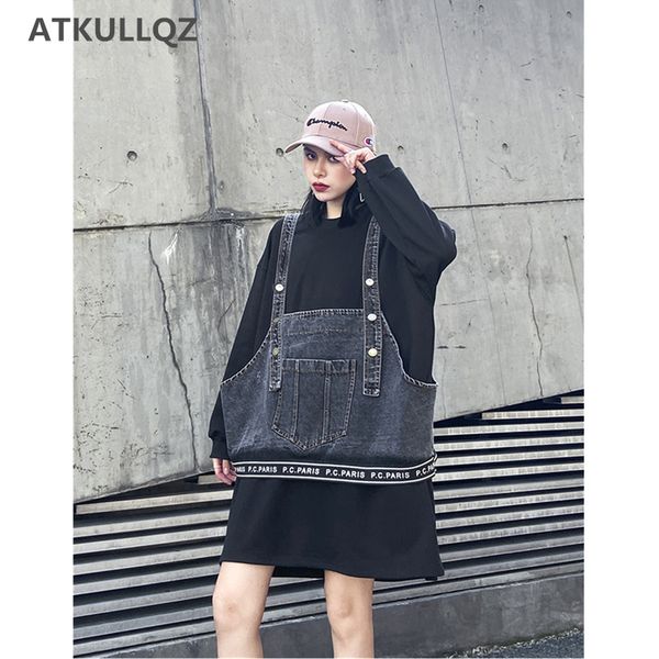 fashion suit loose bf lazy wind large size mid-length black sweatshirt female + denim strap two-piece female street clothing, White
fashion suit loose bf lazy wind large size mid-length black sweatshirt female + denim strap two-piece female street clothing, White