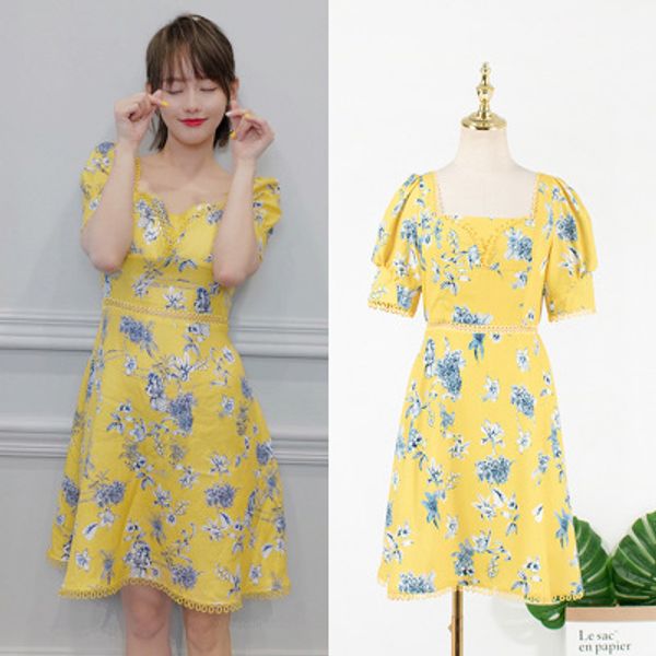 star zhang jiani same yellow floral square collar bubble sleeve design temperament dress female, White
star zhang jiani same yellow floral square collar bubble sleeve design temperament dress female, White
