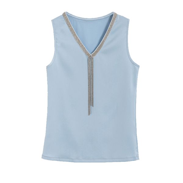 

2019 summer sleeveless v neck tassles satin tanks women korean sky blue vest lady chain tassels satin camis, White