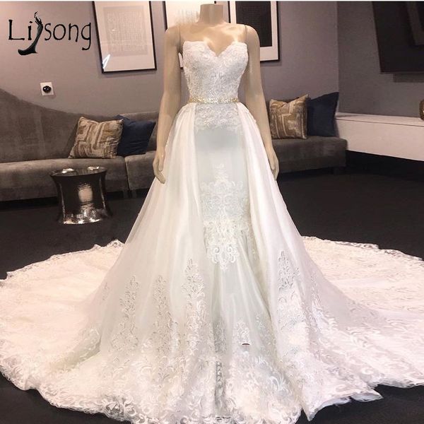 luxury beaded lace wedding dresses with detachable train sweetheart mermaid plus size lace appliqued open back bridal gowns, White
luxury beaded lace wedding dresses with detachable train sweetheart mermaid plus size lace appliqued open back bridal gowns, White