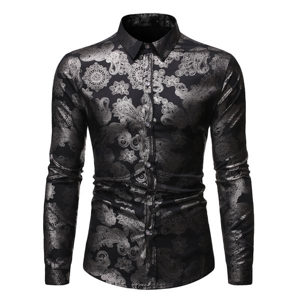 men's casual shirts mens shirt gold men floral print slim long sleeve dress black social business asian size, White;black 
men's casual shirts mens shirt gold men floral print slim long sleeve dress black social business asian size, White;black