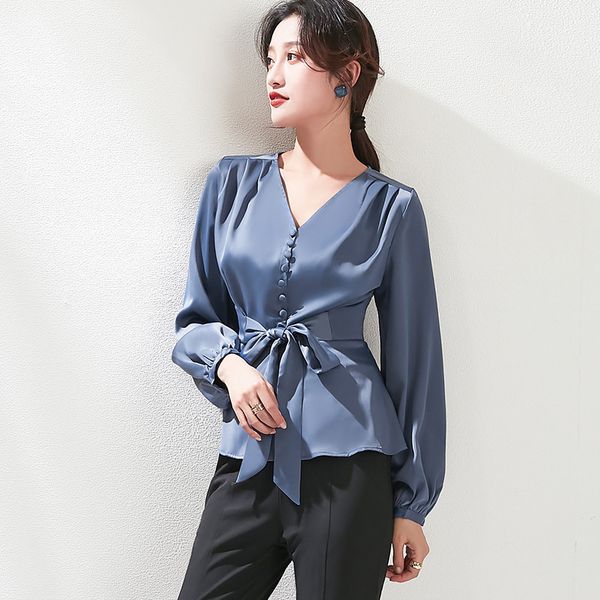 spring new women's solid v-neck satin women's shirt drape bandage all over blouse women, White
spring new women's solid v-neck satin women's shirt drape bandage all over blouse women, White
