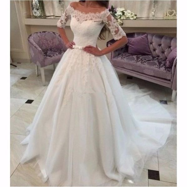 vintage half sleeve lace wedding dresses scoop court tail long bride bridal gowns vestido de casamento trouwjurk, White
vintage half sleeve lace wedding dresses scoop court tail long bride bridal gowns vestido de casamento trouwjurk, White