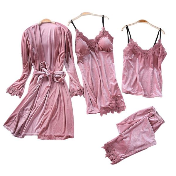 women spaghetti strap nightgowns sleepwear autumn 4pcs solid long sleeve, Black;red