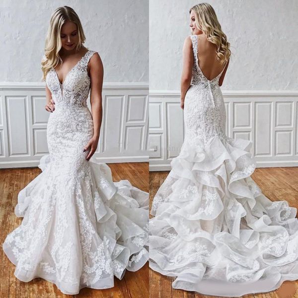 cascading ruffles lace mermaid wedding dresses deep v neck backless sweep train lace garden chapel bridal gowns vestidos de novia plus size, White
cascading ruffles lace mermaid wedding dresses deep v neck backless sweep train lace garden chapel bridal gowns vestidos de novia plus size, White