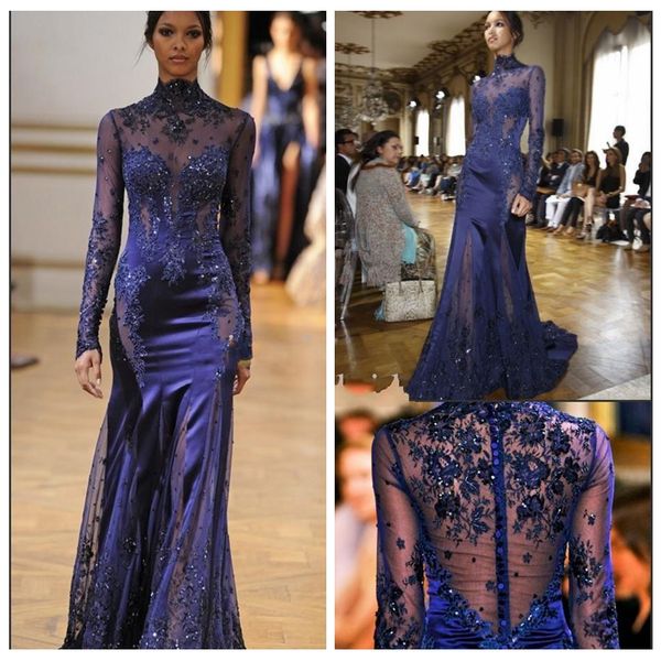 2019 elegant slim high neck long sleeves lace appliques beaded prom dresses sweep train long women evening gowns custom vestidos de soiree, Black
2019 elegant slim high neck long sleeves lace appliques beaded prom dresses sweep train long women evening gowns custom vestidos de soiree, Black