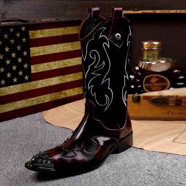 

christia bella embroidery pointed toe long boots reddish brown real leather men cowboy boots fashion rivets dress formal, Black