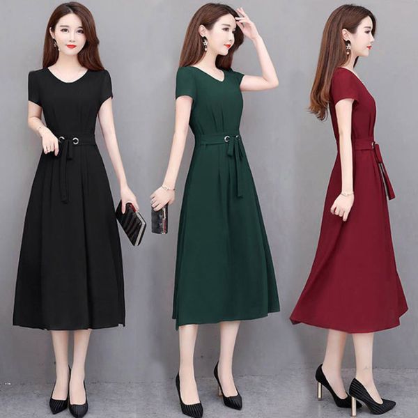 women summer elegant plus size dress solid short sleeve o-neck elegant with waistband party long dress, Black;gray
women summer elegant plus size dress solid short sleeve o-neck elegant with waistband party long dress, Black;gray