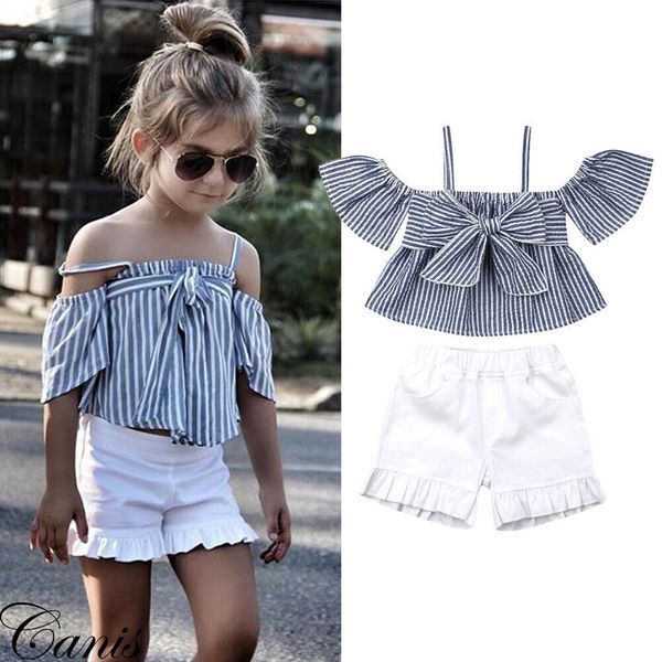2-7y summer fashion infant baby girls clothes sets cotton strap off shoulder blue striped shorts summer outfits set, White
2-7y summer fashion infant baby girls clothes sets cotton strap off shoulder blue striped shorts summer outfits set, White